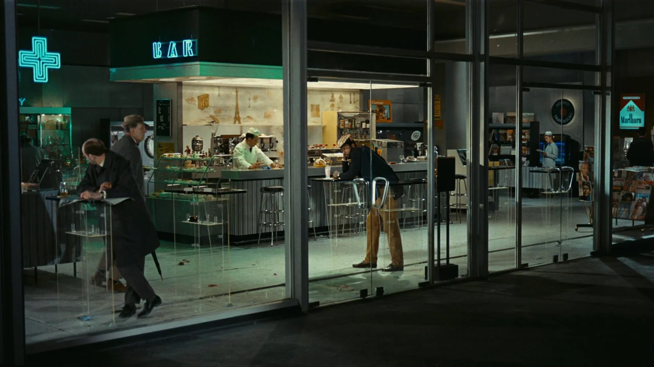 Playtime (1967) movie still: wide — A glass-fronted airport terminal cafe with a prominent green bar sign and wall mural. Multiple men stand near a…