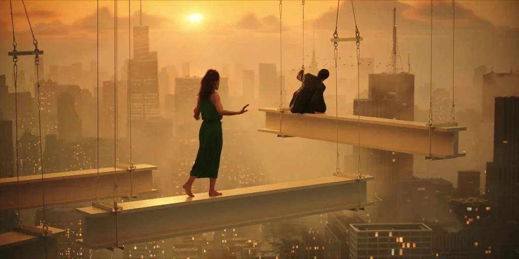Megalopolis (2024) movie still: wide — A construction site suspended high above a sprawling city skyline at sunset. A woman walks across a steel…