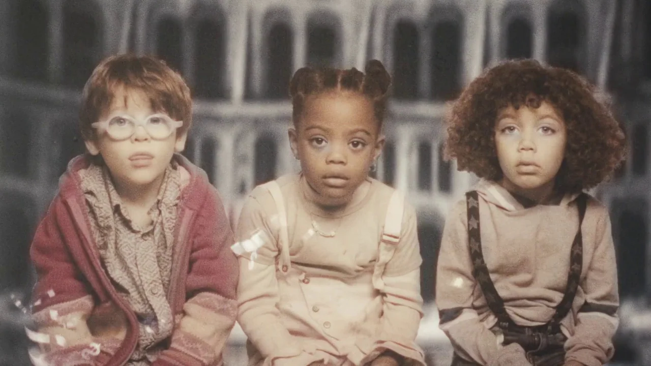 Once Within A Time (2022) movie still: medium — Three children sit side-by-side in front of a blurry, monochrome backdrop of columns. They face…