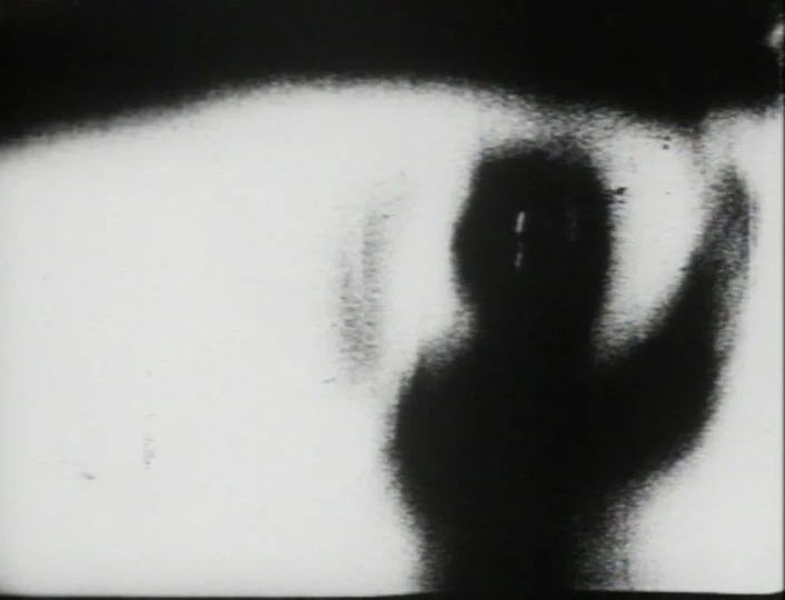 Begotten (1989) movie still: closeup — An abstract, high-contrast monochrome image shows a dark, indistinct shape against bright white space. The…