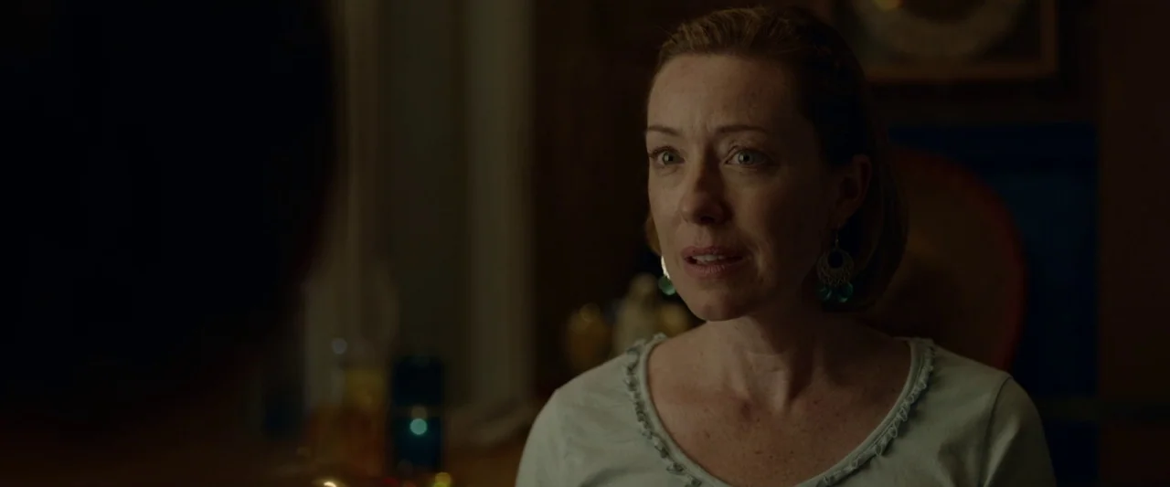 Small Crimes (2017) movie still: closeup — A dimly lit room with wooden surfaces and indistinct objects in the background. A woman in a grey top is…