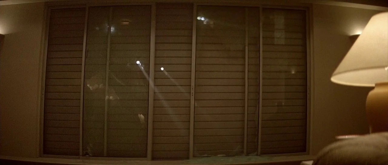 Léon: The Professional movie still: establishing — A dark room features a large multi-pane sliding glass door with closed blinds. A lit table lamp…