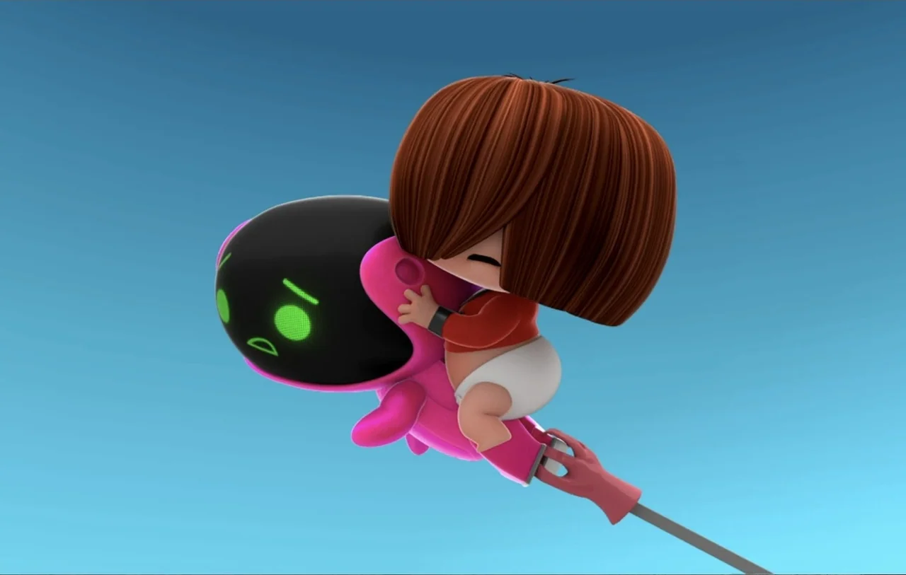 Mini Beat Power Rockers: The Movie (2022) movie still: medium — A stylized child character with large brown hair hugs a floating pink robot. The…