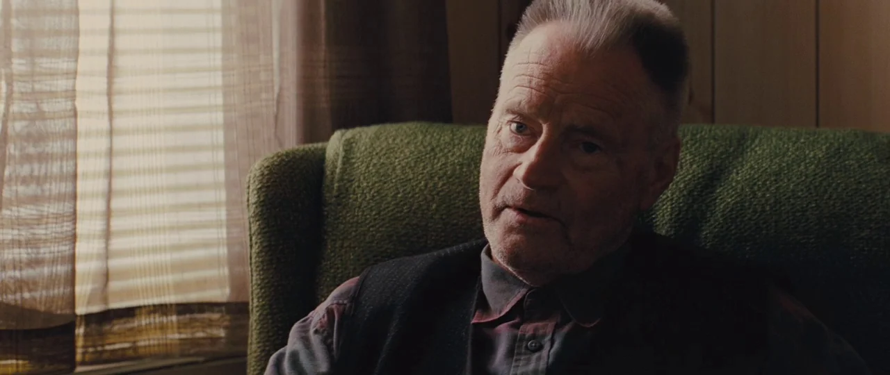 Mud (2012) movie still: medium — An interior space features wood-paneled walls and a window covered by thin curtains. A man sits in a green…