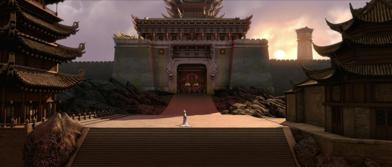 Kung Fu Panda 2 (2011) movie still: establishing — A grand stone palace gate sits at the end of a long stone staircase. A lone woman in a white…