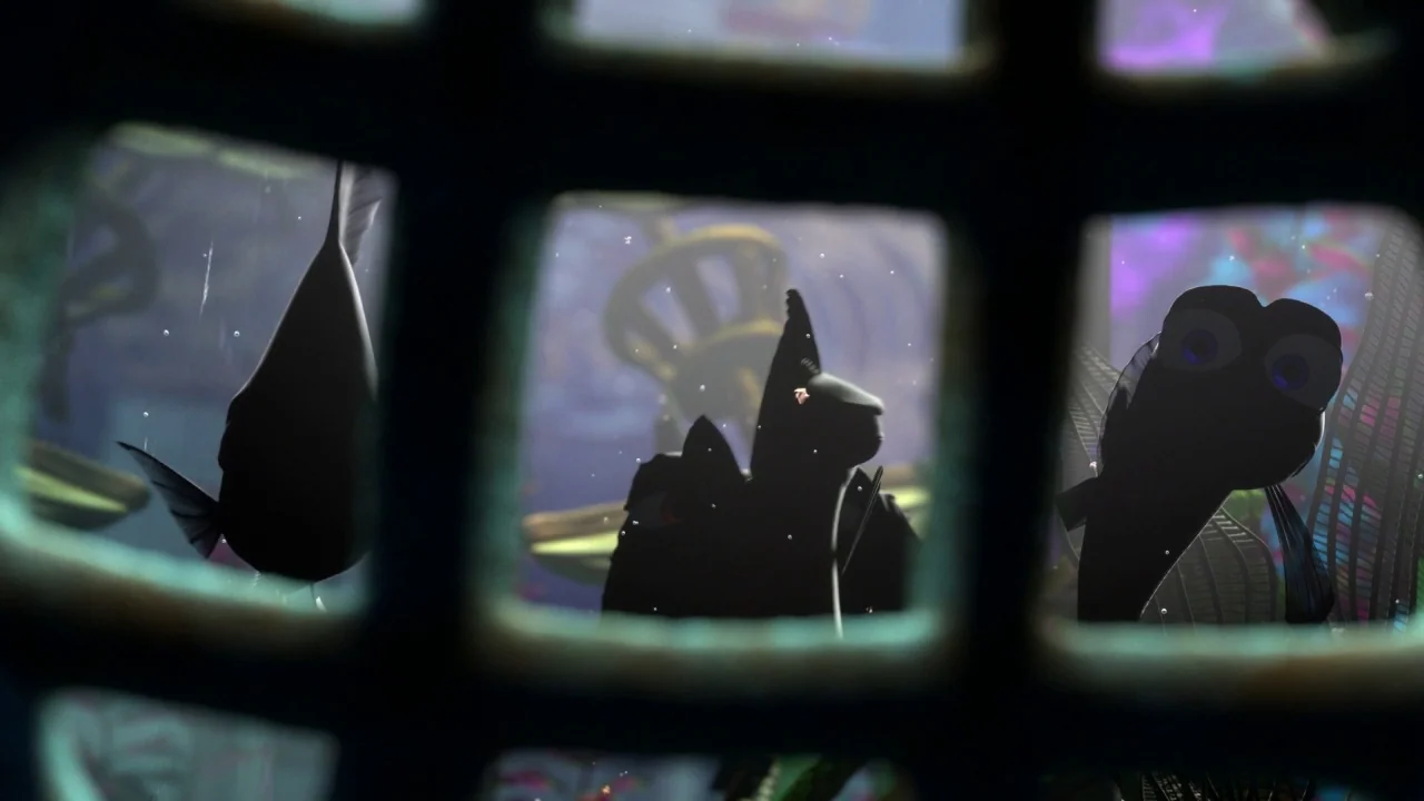 Finding Nemo (2003) movie still: medium — Three fish silhouettes stand behind a dark metal grate looking outward from a tank. A purple and gold…