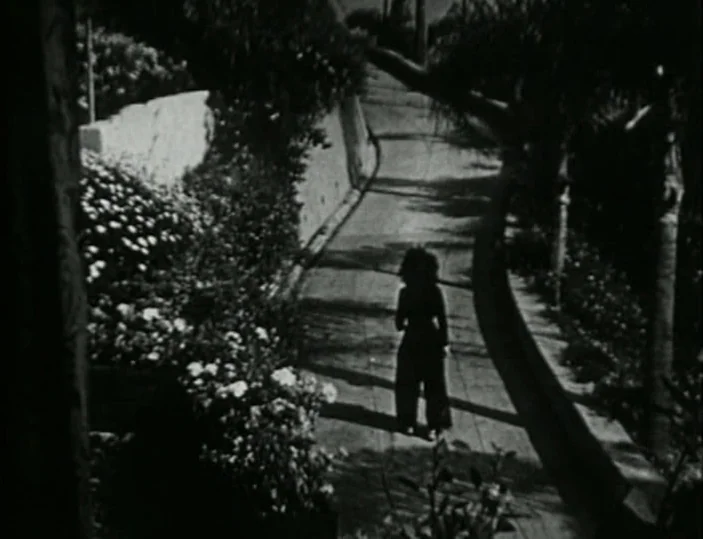 Meshes of the Afternoon (1943) movie still: wide — A steeply sloped residential driveway is flanked by lush tropical foliage and flowers. A woman in…