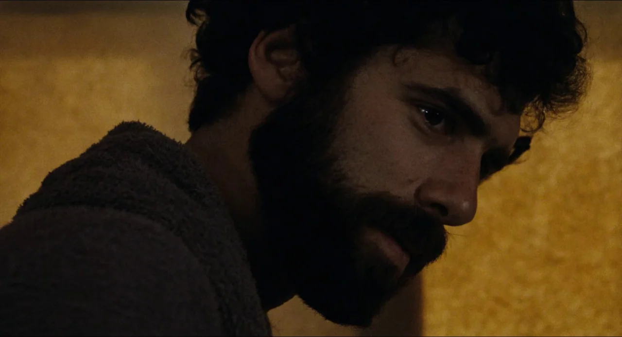 The Touch (1971) movie still: closeup — A dimly lit indoor space with textured, yellow-toned wall surfaces behind the subject. A man with a thick…