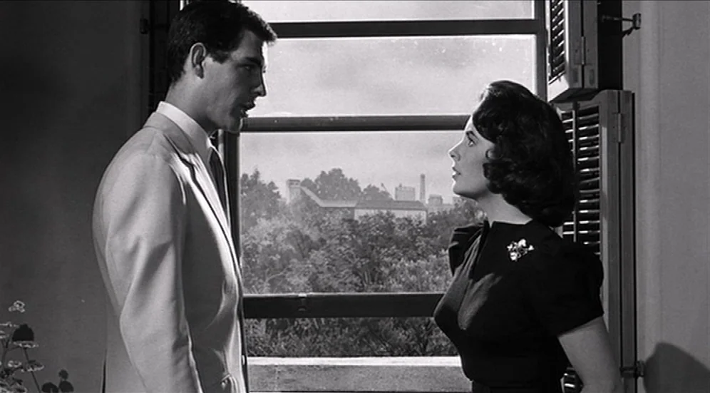 Suddenly, Last Summer (1959) movie still: medium — A man and a woman stand before a large window overlooking a distant skyline. They face each other…