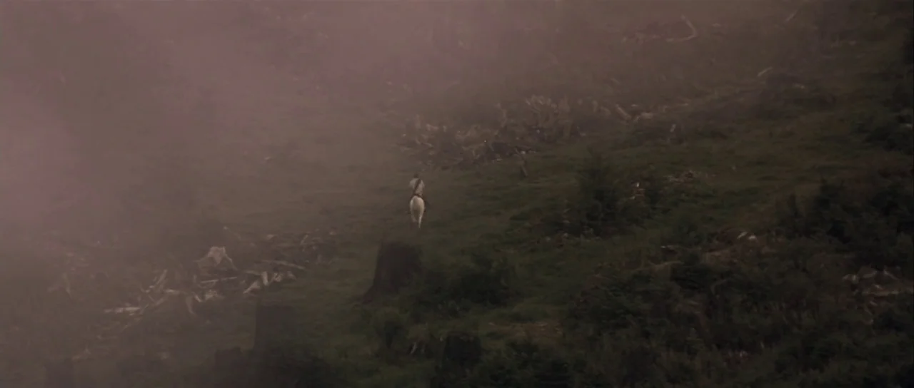 The 13th Warrior (1999) movie still: wide — A steep, grassy hillside is covered with tree stumps and patches of heavy fog. A lone rider on a white…
