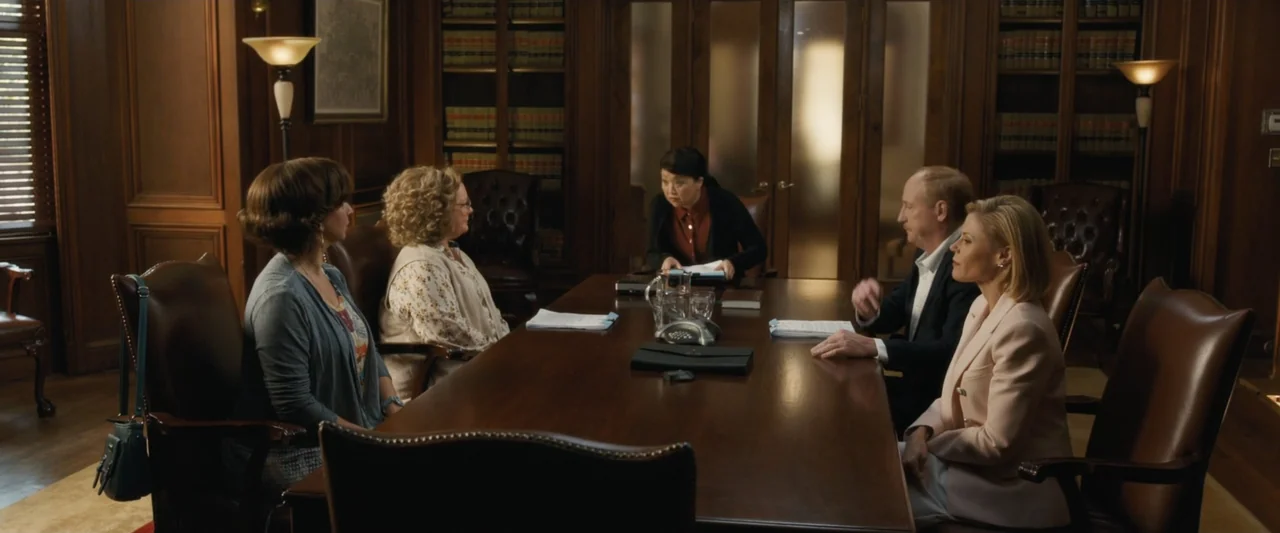 Life of the Party (2018) movie still: wide — A professional wood-paneled office contains a large mahogany conference table and built-in bookshelves.…