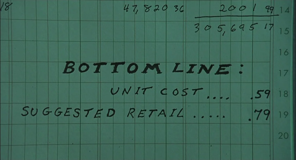 The Hudsucker Proxy (1994) movie still: closeup — A close-up view of a green grid-lined paper ledger with handwritten accounting calculations. The…