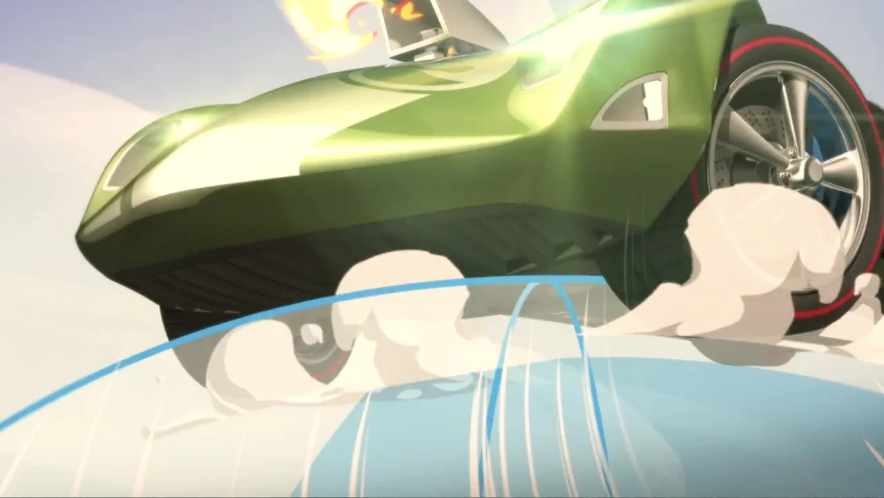 Team Hot Wheels: The Skills to Thrill (2015) movie still: medium — A stylized green sports car drifts across a vast expanse of bright white sand.…