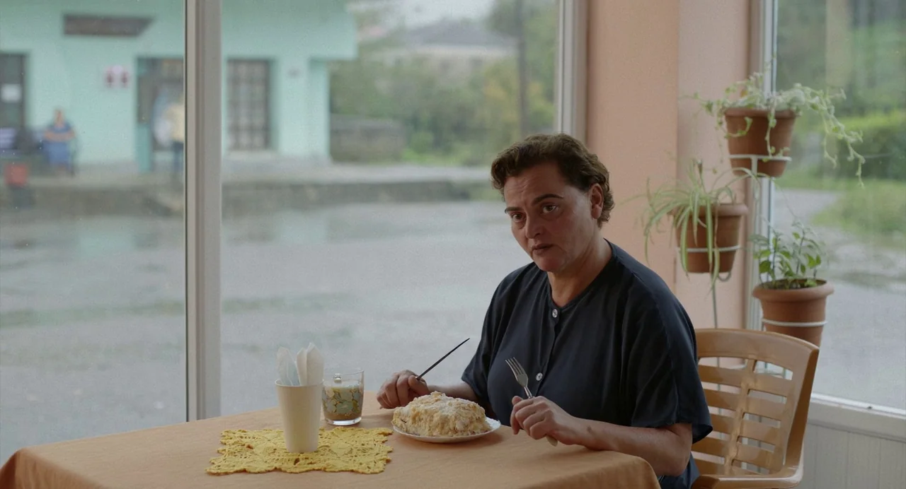 Blackbird Blackbird Blackberry (2023) movie still: medium — A woman sits at a table near a window in a small cafe. She holds utensils and stares…