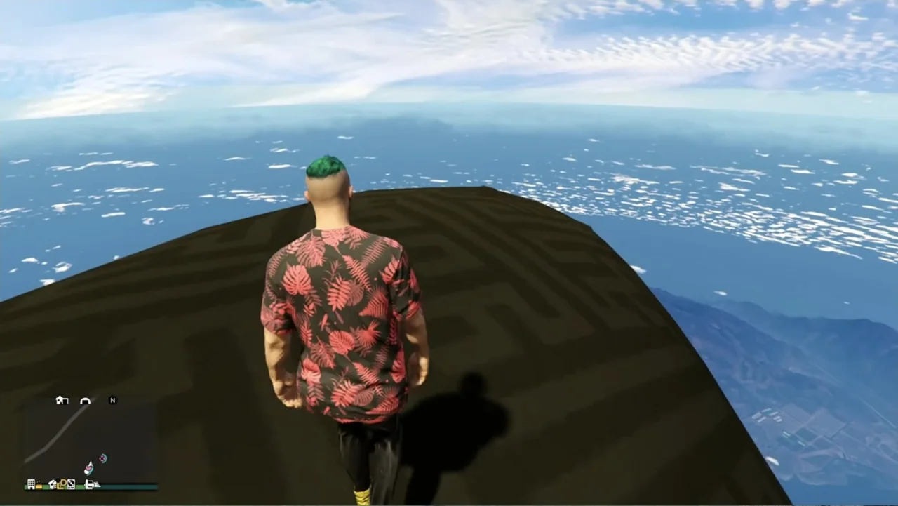 Grand Theft Hamlet (2024) movie still: medium — A dark, textured platform hovers high above an expansive blue landscape under bright skies. A man…