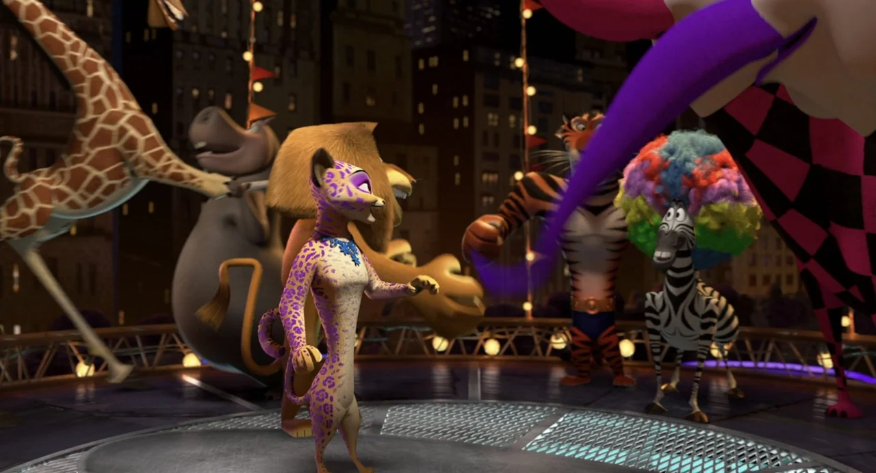 Madagascar 3: Europe's Most Wanted (2012) movie still: medium — A group of anthropomorphic animals stands on a circular circus performance platform…