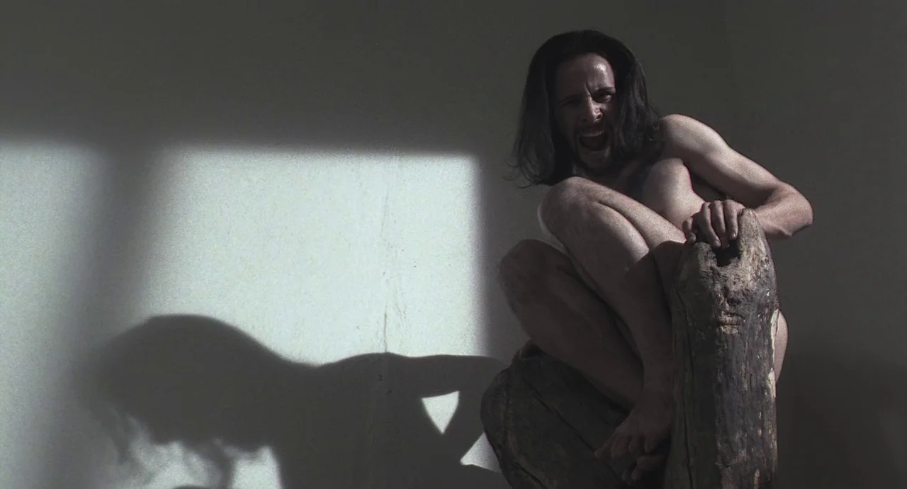 Santa Sangre (1989) movie still: medium — A sparsely furnished room features a large window casting harsh light against a wall. A shirtless man with…