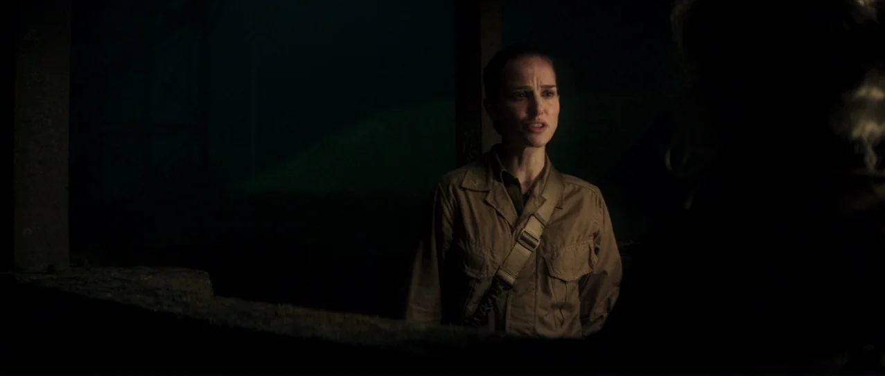 Annihilation (2018) movie still: medium — An outdoor area at night with a concrete ledge in the foreground. A woman wearing a tan jacket stands…