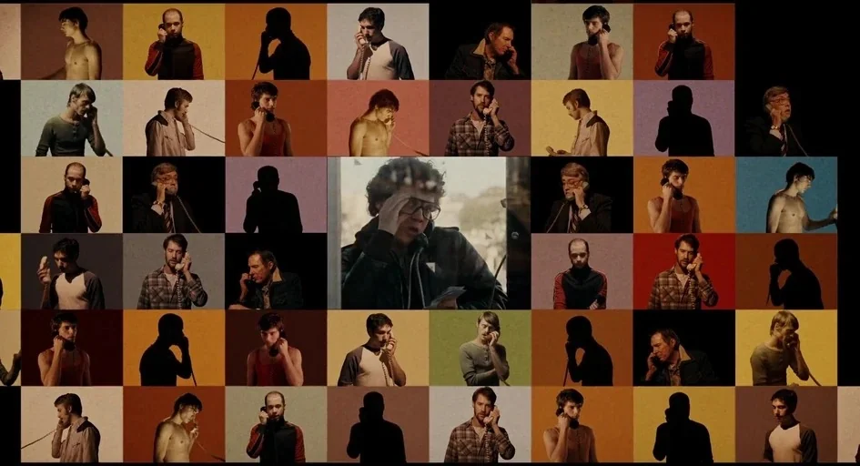 Milk (2008) movie still: wide — A mosaic grid of many small frames shows men in various poses using telephones. The central frame features a man…