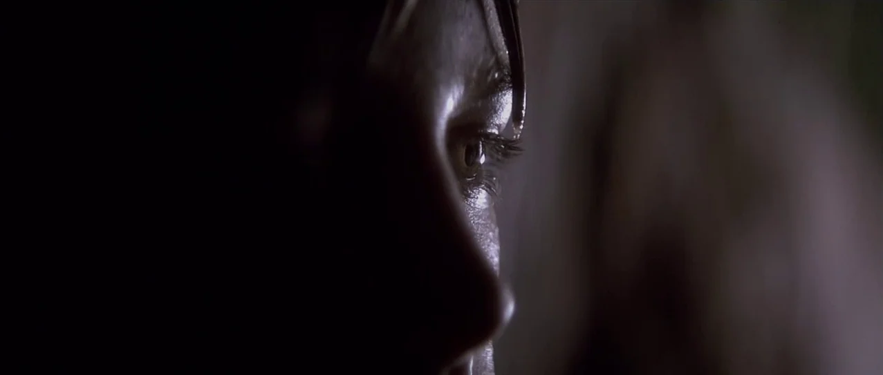 Snow Falling on Cedars (1999) movie still: closeup — A person's face is partially obscured by deep shadow in a dark setting. Only one eye and the…
