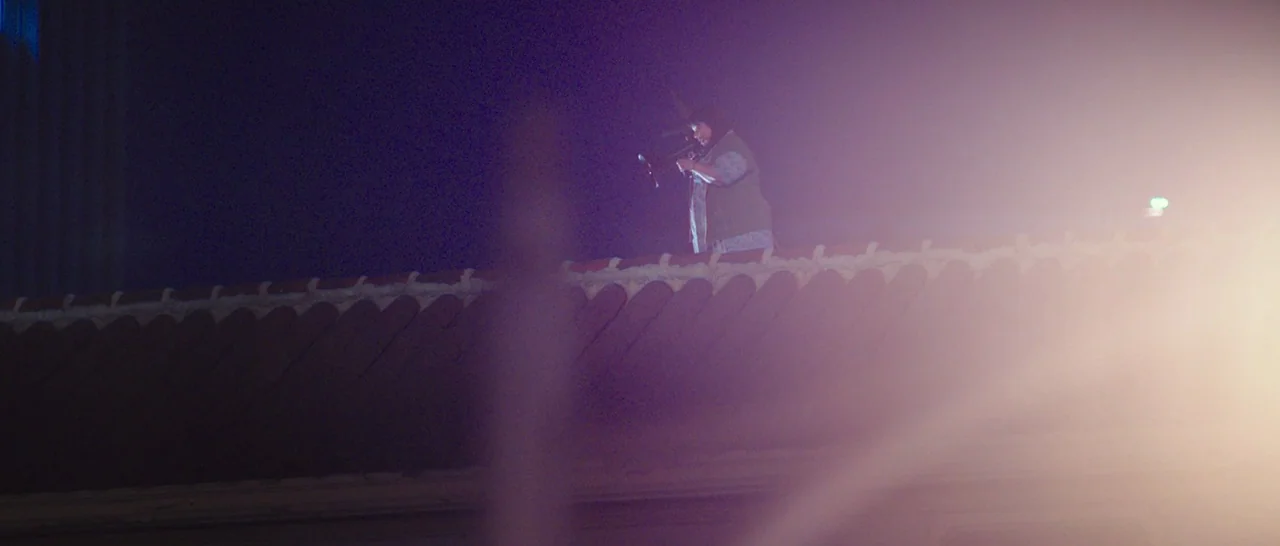 The Purge: Anarchy (2014) movie still: wide — A person stands atop a dark tiled roof at night illuminated by bright haze. The silhouette is backlit…