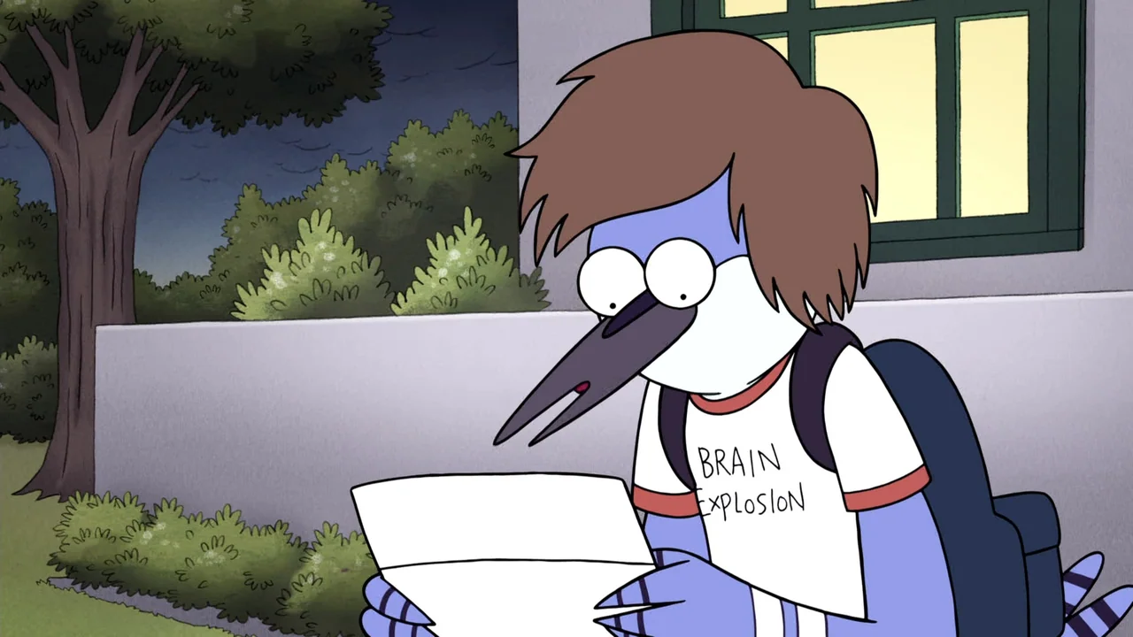 Regular Show: The Movie (2015) movie still: medium — A blue bird character stands outside a building at night holding a piece of paper. The…