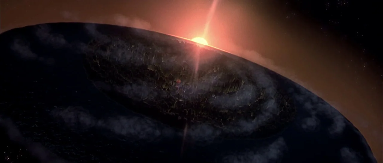 Dark City (1998) movie still: establishing — A view from space shows the curve of a dark planet with low clouds. A bright star flares on the horizon…