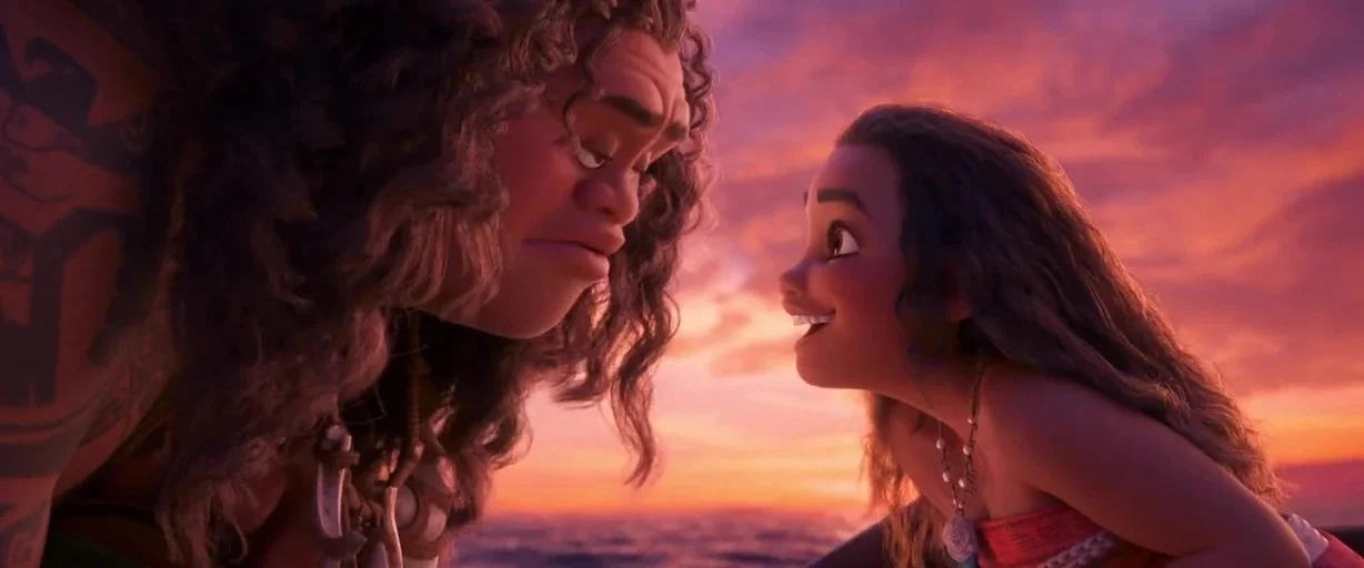 Moana (2016) movie still: medium — A man and a girl face each other on a boat during a sunset. The sky behind them is filled with orange and pink…