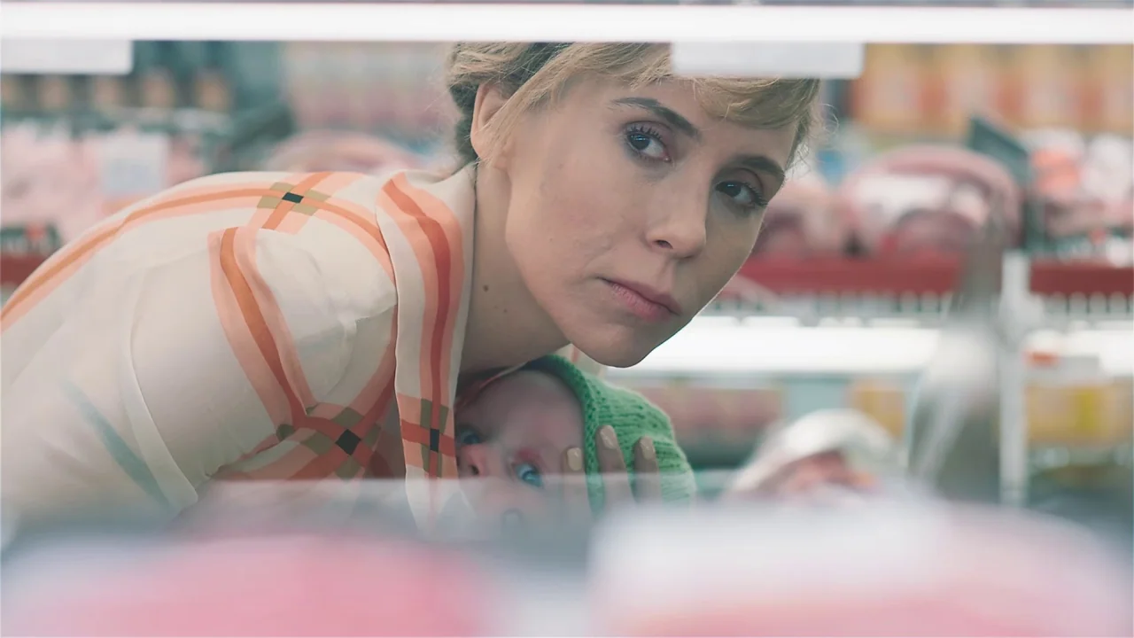 Collective: Unconscious (2016) movie still: closeup — A grocery store refrigerated display case containing packaged meat sits in the foreground. A…