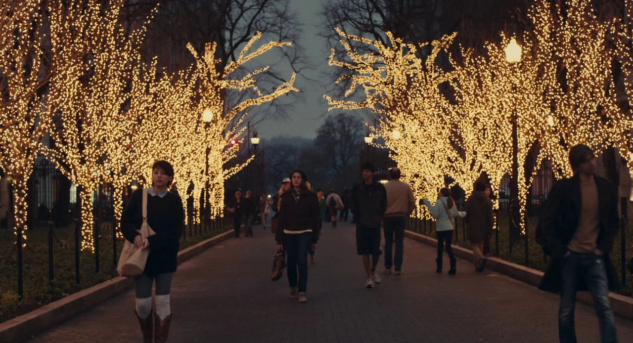 Mistress America (2015) movie still: fullbody — A park pathway at dusk features rows of leafless trees covered in dense string lights. Multiple…