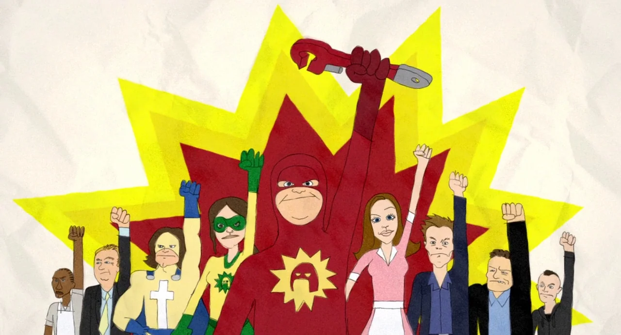Super (2010) movie still: fullbody — A flat 2D graphic illustration shows a group of people standing before a starburst. A central figure in a red…
