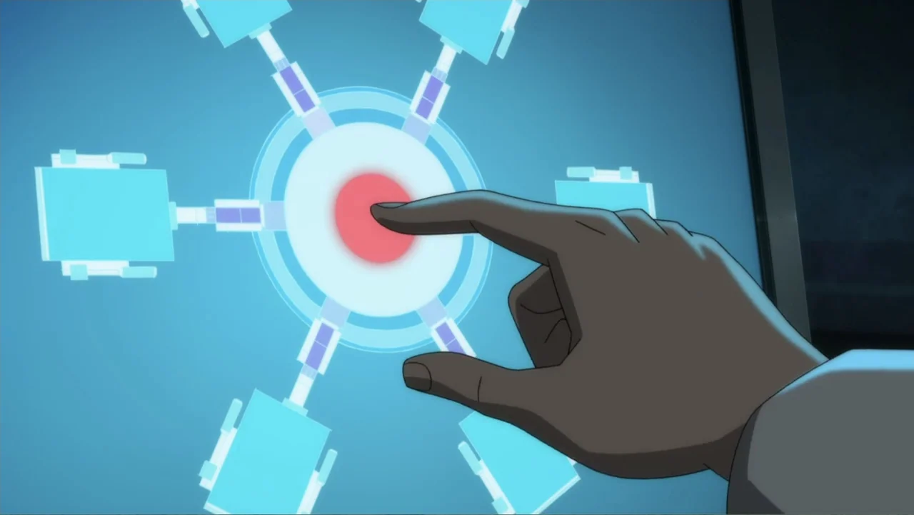 Suicide Squad: Hell to Pay (2018) movie still: closeup — A close-up view shows a hand interacting with a glowing digital interface screen. The…