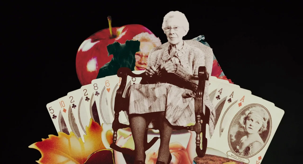 A Glimpse Inside The Mind Of Charles Swan III (2013) movie still: medium — A paper collage features an elderly woman in a rocking chair overlaid on…