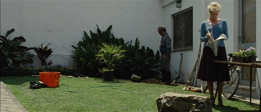 The Headless Woman (2008) movie still: wide — A manicured lawn sits against a plain white wall with various potted plants. A woman stands reading a…
