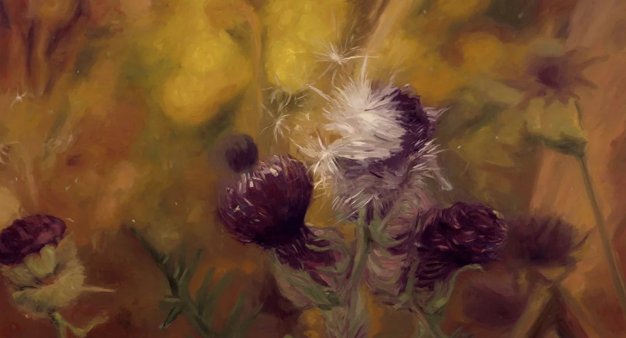The Peasants (2023) movie still: closeup — A cluster of dark purple thistle flowers grows in an outdoor field. Fluffy white seeds detach from a…