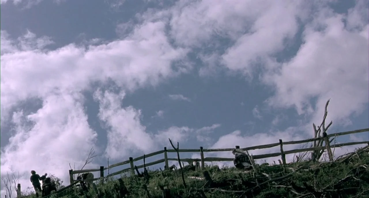 The Piano (1993) movie still: wide — A grassy hill ridge features a rustic wooden fence against a expansive cloudy sky. Two people stand near the…
