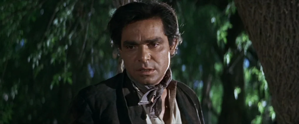 The Wild Bunch (1969) movie still: medium — A dense woodland area with thick tree trunks and dark leafy branches at night. A man stands in the…