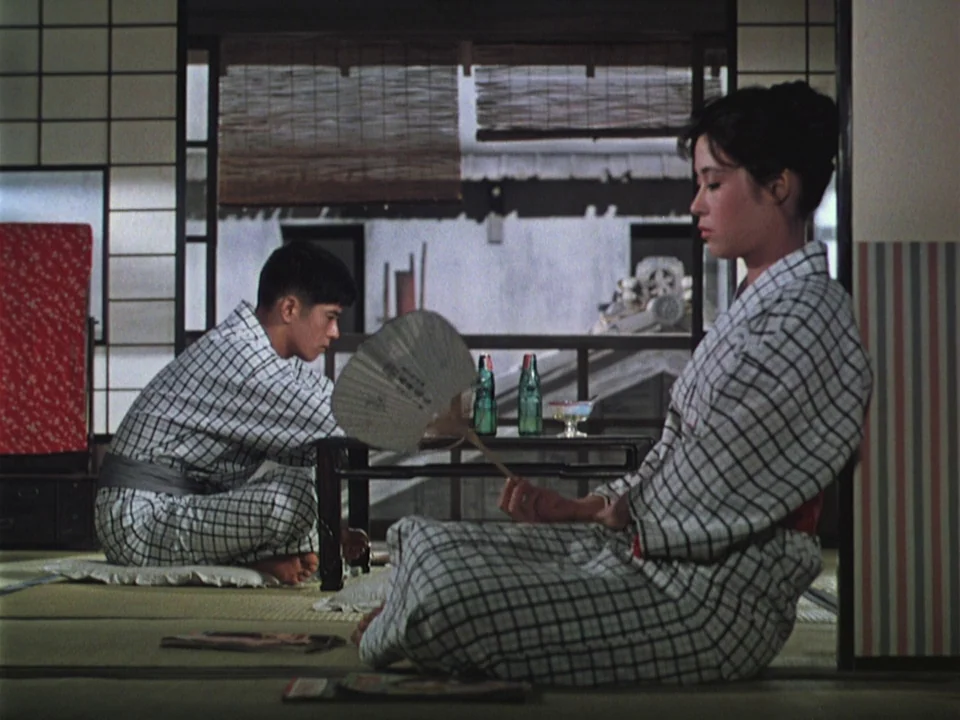 Floating Weeds (1959) movie still: medium — A traditional room with tatami mats features shoji screens and a bamboo shade window. A young man and…