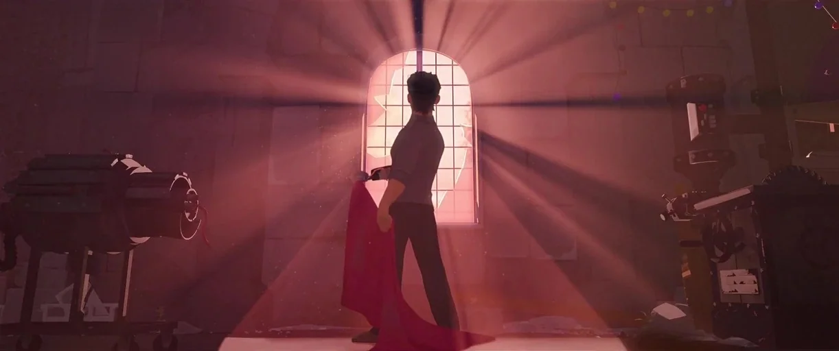 Nimona (2023) movie still: fullbody — A dark industrial studio space features a large arched window emitting intense light. A man stands centered in…