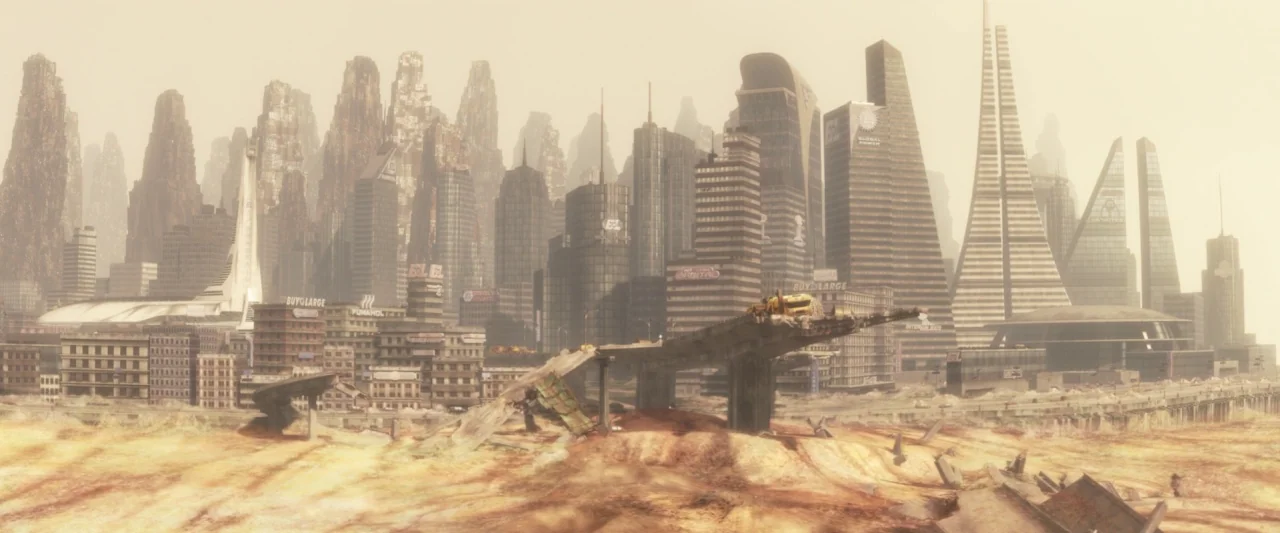 Wall-E (2008) movie still: establishing — A sprawling futuristic city sits in ruin under a thick, sand-filled hazy sky. A fractured concrete highway…