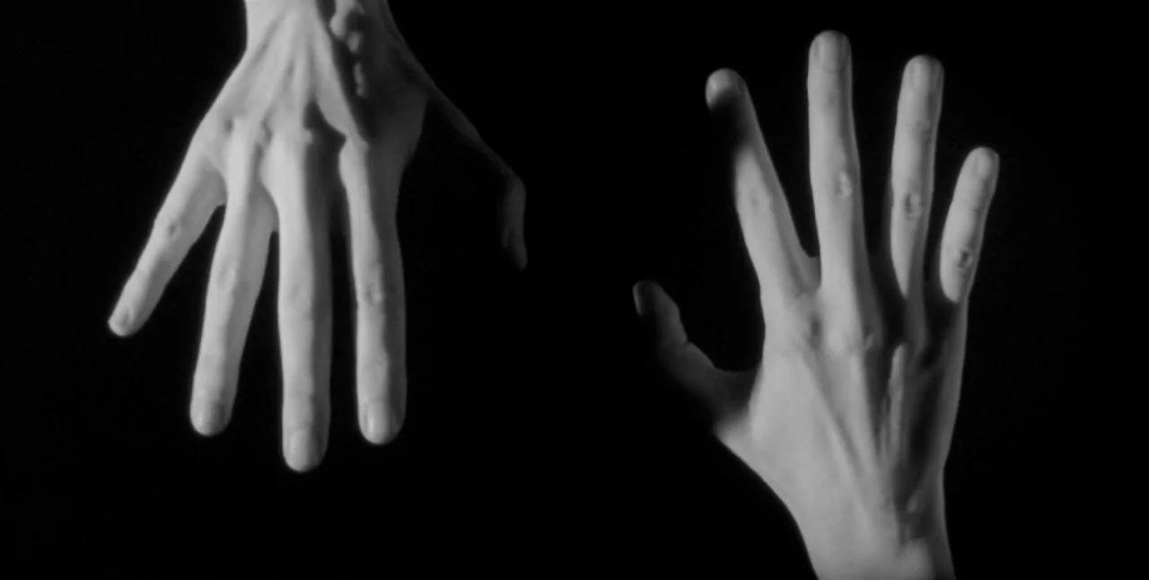 The Aerial (2007) movie still: closeup — A completely dark, featureless environment serves as the setting. Two pale hands reach toward one another…