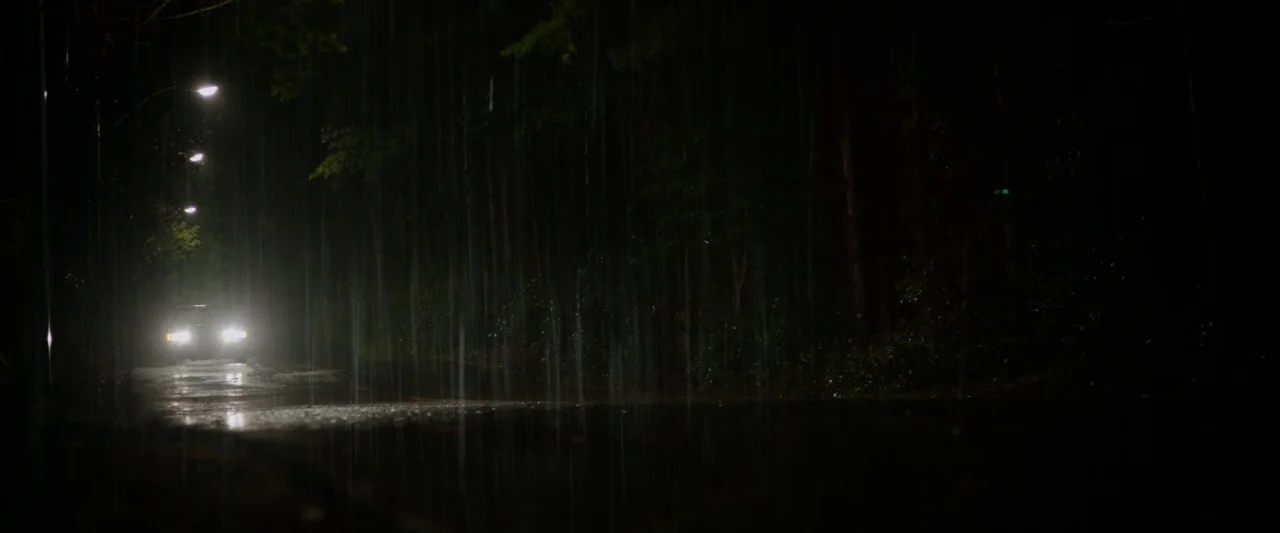 The Monster (2016) movie still: wide — A wet asphalt road is flanked by dark, dense trees under heavy night rain. A car approaches from a distance…