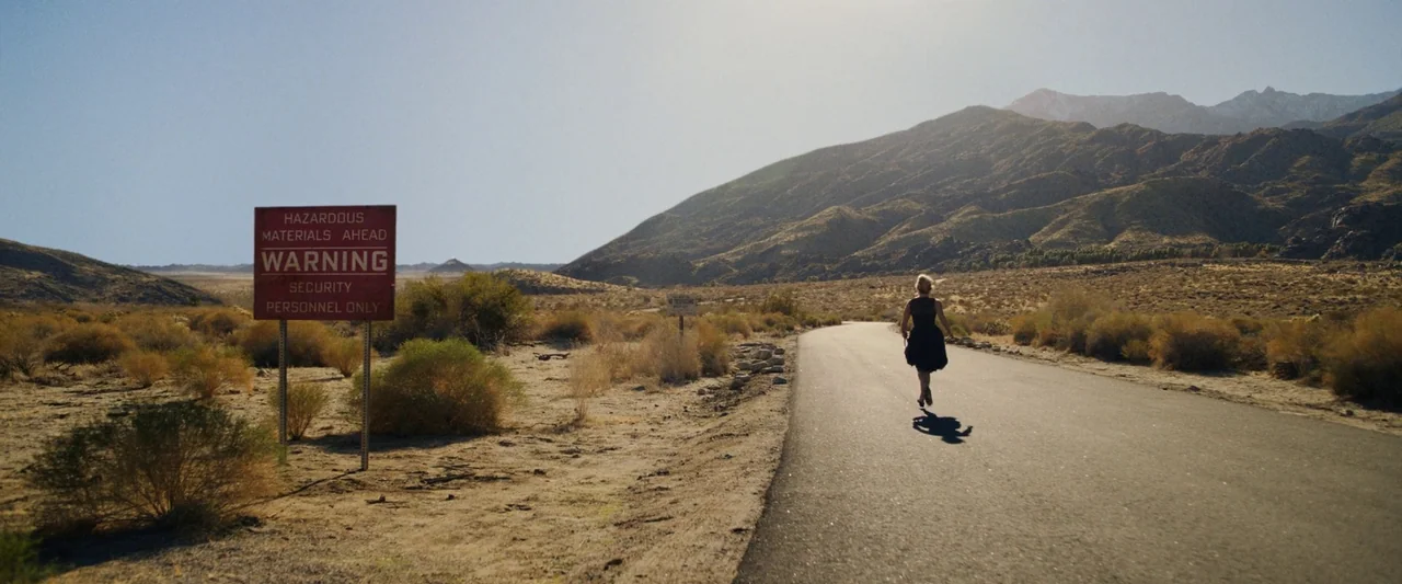 Don’t Worry Darling (2022) movie still: wide — A vast, arid desert landscape featuring a paved road leading toward distant mountain ranges. A…