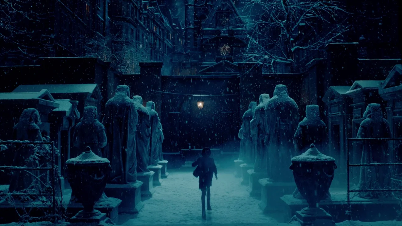 Hugo (2011) movie still: wide — A snowy night scene shows a central path lined with rows of stone statues. A small girl in a dark coat walks away…