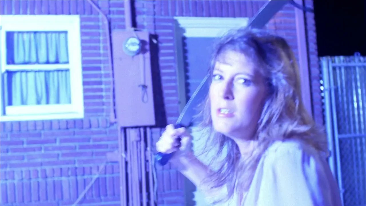 The Slumber Party Massacre (1982) movie still: medium — A woman stands before a brick exterior wall at night under cold blue light. She holds a…