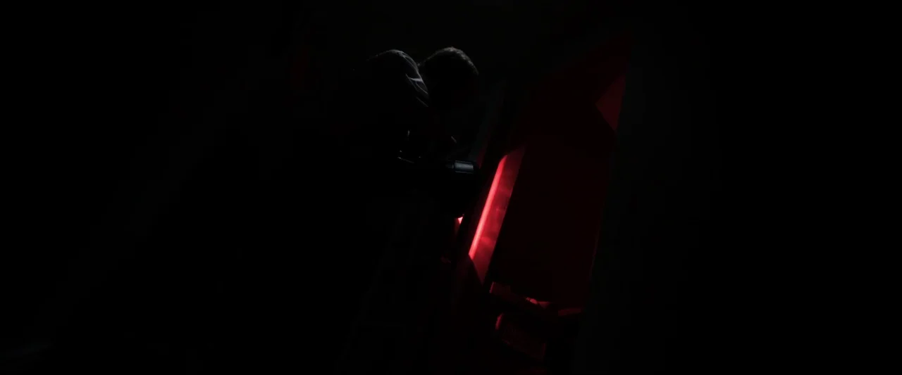 Insidious (2010) movie still: medium — A dark, underexposed interior space is dominated by thick shadows. A figure stands near a vertical gap…