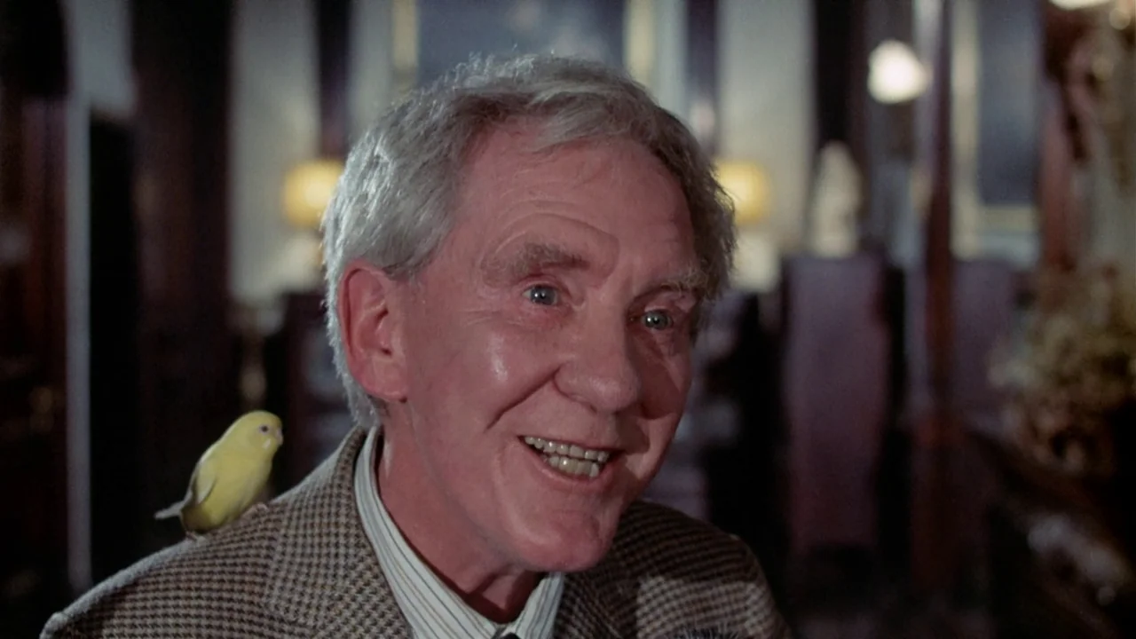 The Sentinel (1977) movie still: closeup — A dimly furnished room features wooden paneling and blurred lamps in the background. An elderly man with…