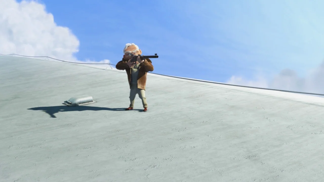 Up (2009) movie still: wide — An elderly man stands on a flat, angled white rooftop against a clear sky. He grips a rifle, aiming it forward while…