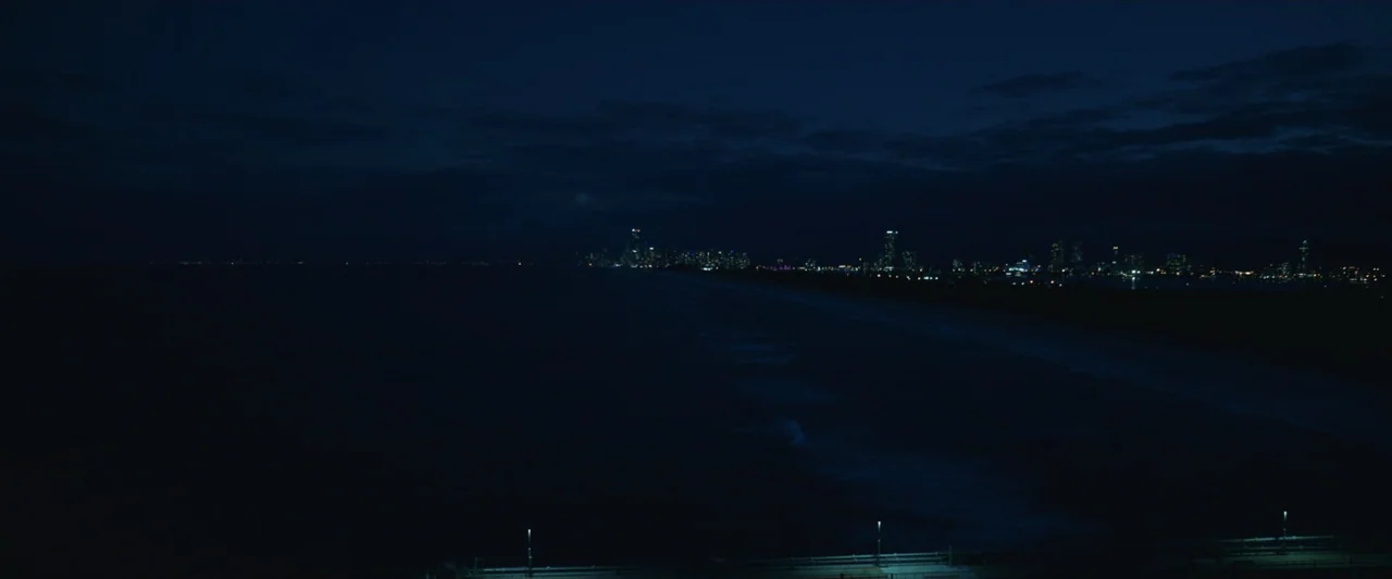Dangerous Animals (2025) movie still: establishing — A dark coastline at night stretches toward a brightly lit distant city skyline. The foreground…