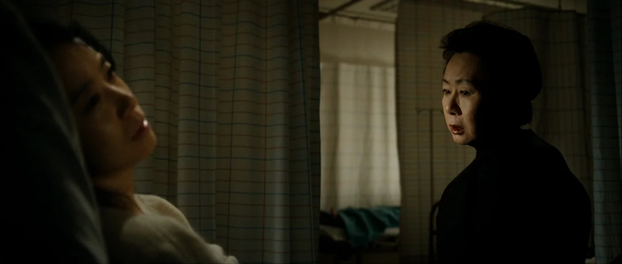 The Housemaid (2010) (2010) movie still: medium — A hospital room is divided by plaid privacy curtains in a dimly lit setting. One woman lies in a…